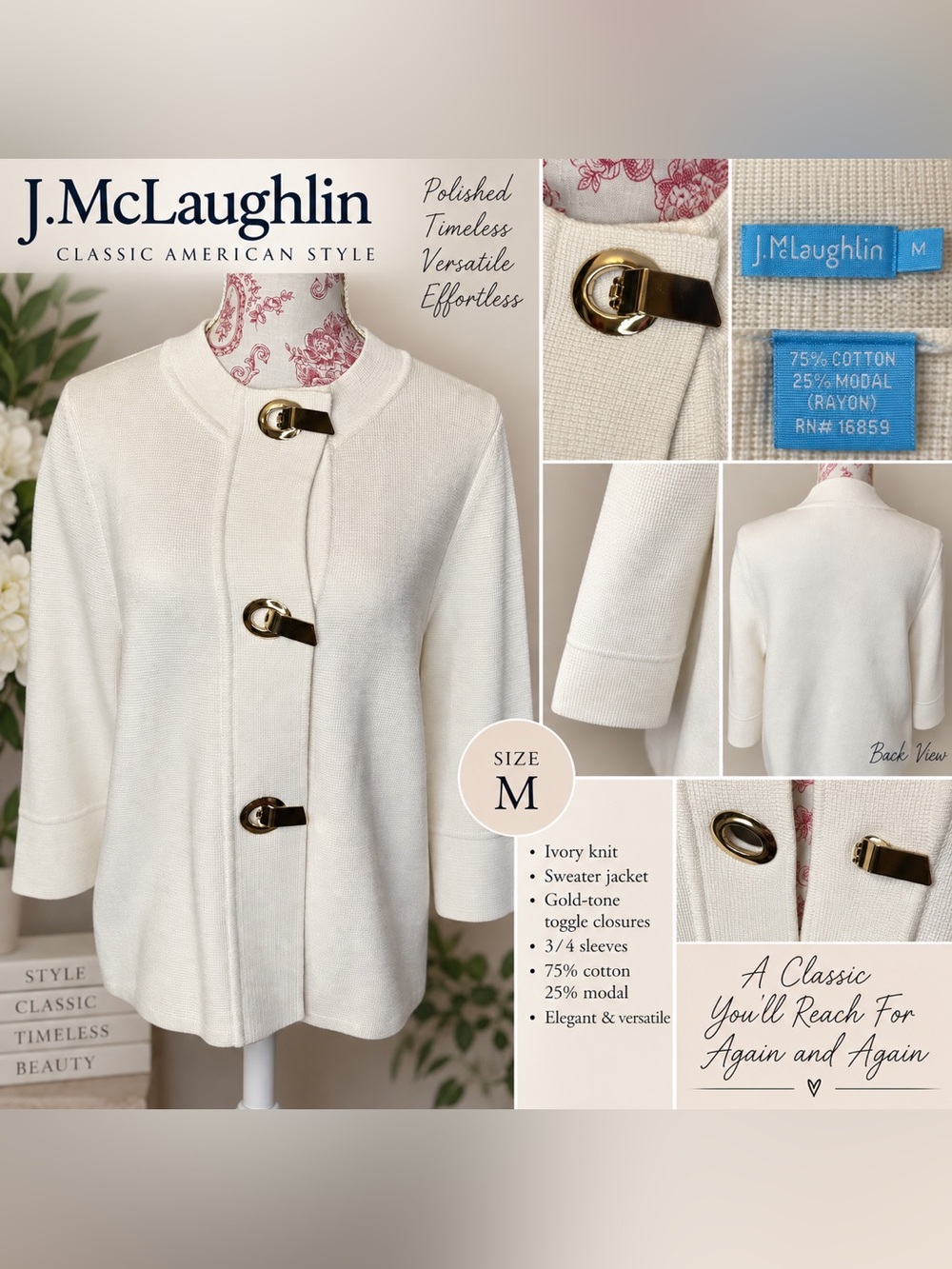 J. McLaughlin Ivory Knit Toggle Cardigan Sweater Jacket Size M